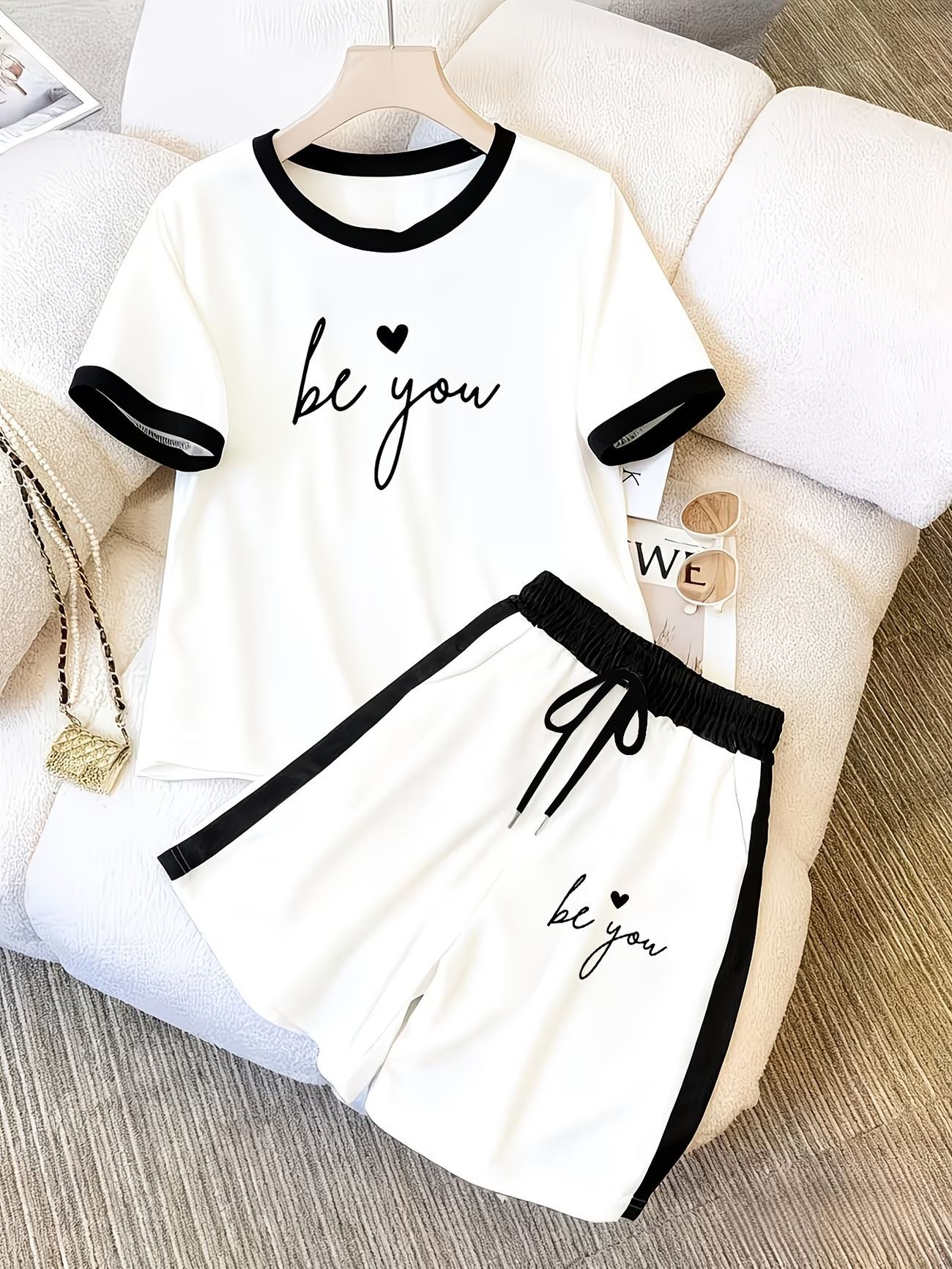 Summer Women's Printed Color Block Two Piece Set Simple Luxury Loose Casual Outfit Short Sleeve 8010 Print_ecoleips.com