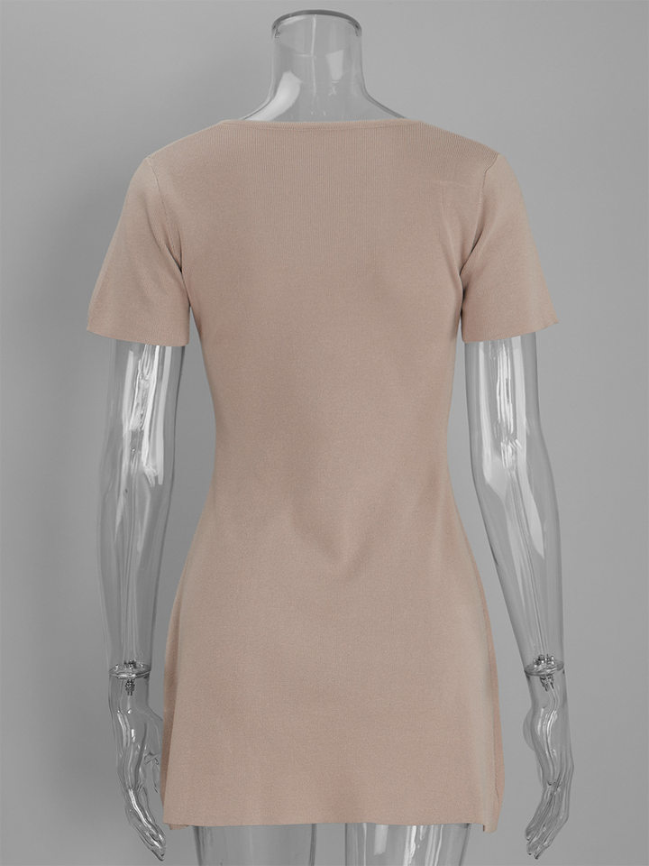 Đầm ngắn dáng chữ A cổ V sâu cài khuy một hàng, tay ngắn dệt kim, eo cao tôn dáng — 100% viscose, Có sẵn đủ màu, đủ size, trọng lượng: 290g, Màu be, Màu kaki chi tiết 33
