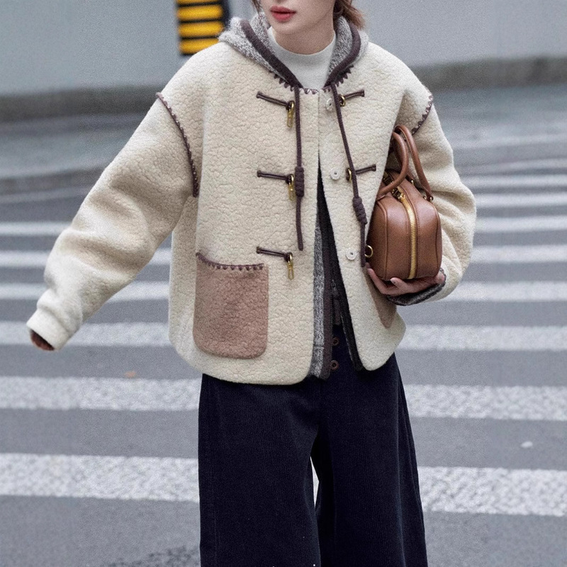 "White Drawing" "Costa Topia" high quality Wool Handmade Shell Embroidered Contrast Color Lambswool Coat Women Autumn and Winter