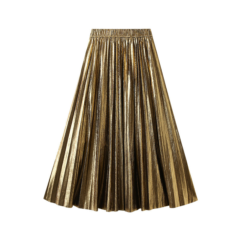 High-End Metallic Bright Silk Accordion Skirt Mid-Length Skirt Spring & Fall Pleated Skirt Skirt 0317
