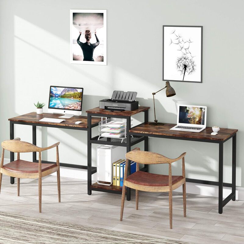 Cross-Border E-Commerce Special Furniture Double Computer Desk with Printer Rack Extra Long Desk Iron and Wood Combined Source Factory