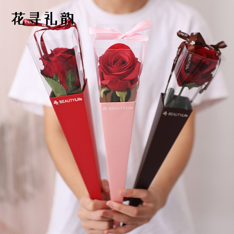 Caja triangular Caja de embalaje de rosas individual Material de embalaje de flores de PVC Caja de regalo de flores Bolsa de embalaje de flores en stock