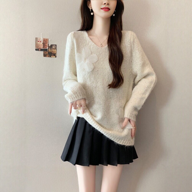Elegant Shimmering Three-Dimensional Floral Long-Sleeve Knit Sweater for Women, 2026 Early Autumn, Plus Size, Loose Fit, Super Stylish Top Elegant Shimmering Three-Dimensional Floral Long-Sleeve Knit Sweater for Women, 2026 Early Autumn, Plus Size, Loose Fit, Super Stylish Top