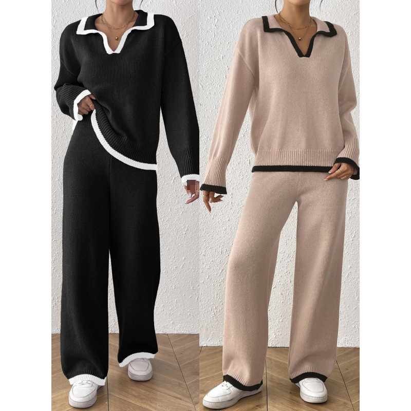 Women's Suit Set: Color-Blocked Polo Collar Pullover Sweater and Wide-Leg Casual Pants Two-Piece Set