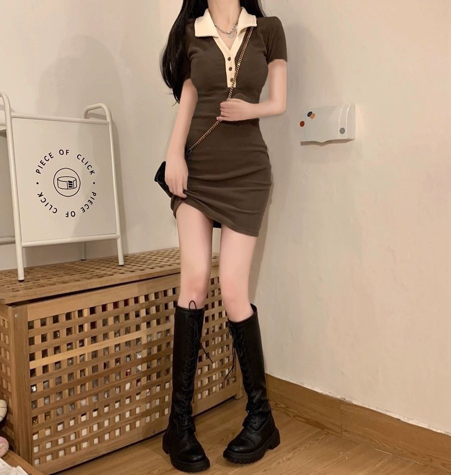 セクシーなギャルのpolo半袖のワンピースの女性の夏の新型の小さい子は腰を収めて明らかにやせている包みの尻のスカートのスカートを包みます。