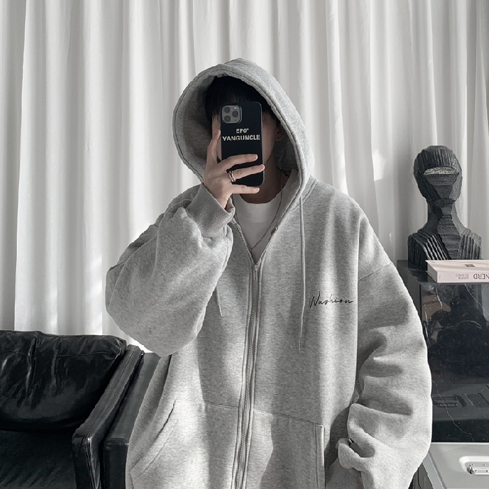 8487 # [Imagen oficial-suéter con cremallera cardigan] suéter con capucha forrado de lana suéter suelto de moda más ropa de hombre de tamaño