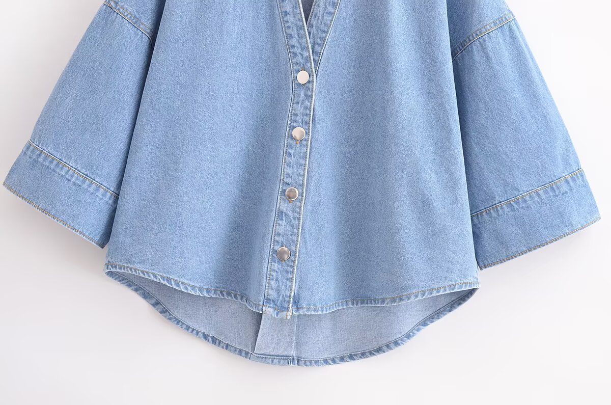 Women's Casual Denim Shirt And Pants Set Wide Sleeve Top with Relaxed Fit Jeans Korean Inspired Outfit for Spring_ecoleips.com