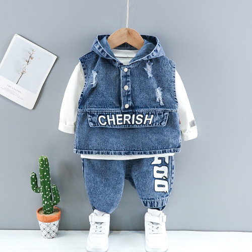 children's clothing spring wholesale denim three-piece set for boys trendy hooded denim suit fashionable children's clothing one-piece dropshipping