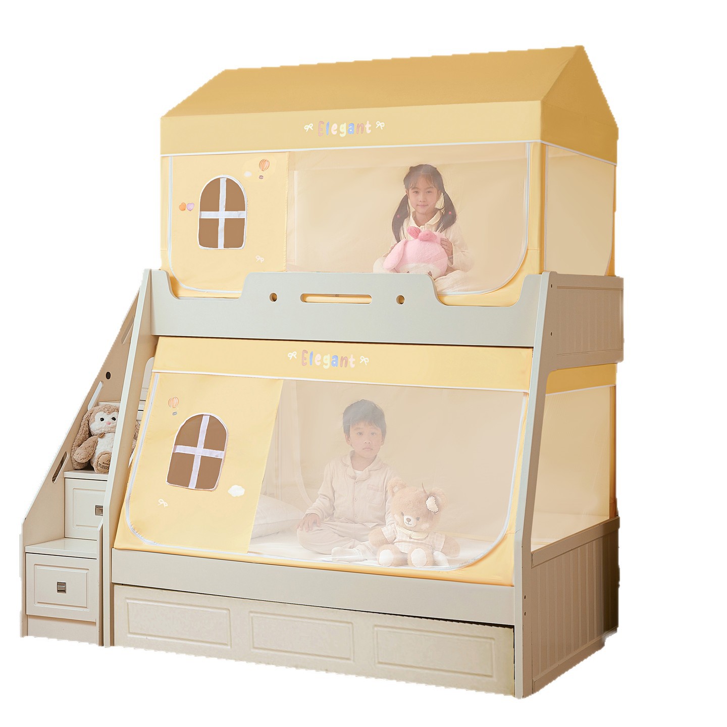 Cama de tipo A con ventanas de dibujos animados para niños y niñas, cama de mosquiteros reforzada para evitar la caída de la cama cortina de cama para niños y niñas