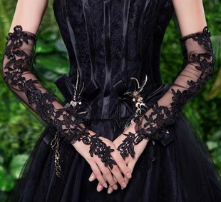 Bridal black lace party gloves mesh oversleeve wedding dress Halloween long open finger over elbow transparent