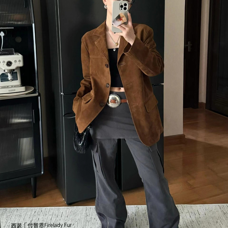 Korean Retro Brown Suede Single-Breasted Suit Jacket for Women 25 Early Spring Old Money Style Maillard Top Korean Retro Brown Suede Single-Breasted Suit Jacket for Women 25 Early Spring Old Money Style Maillard Top