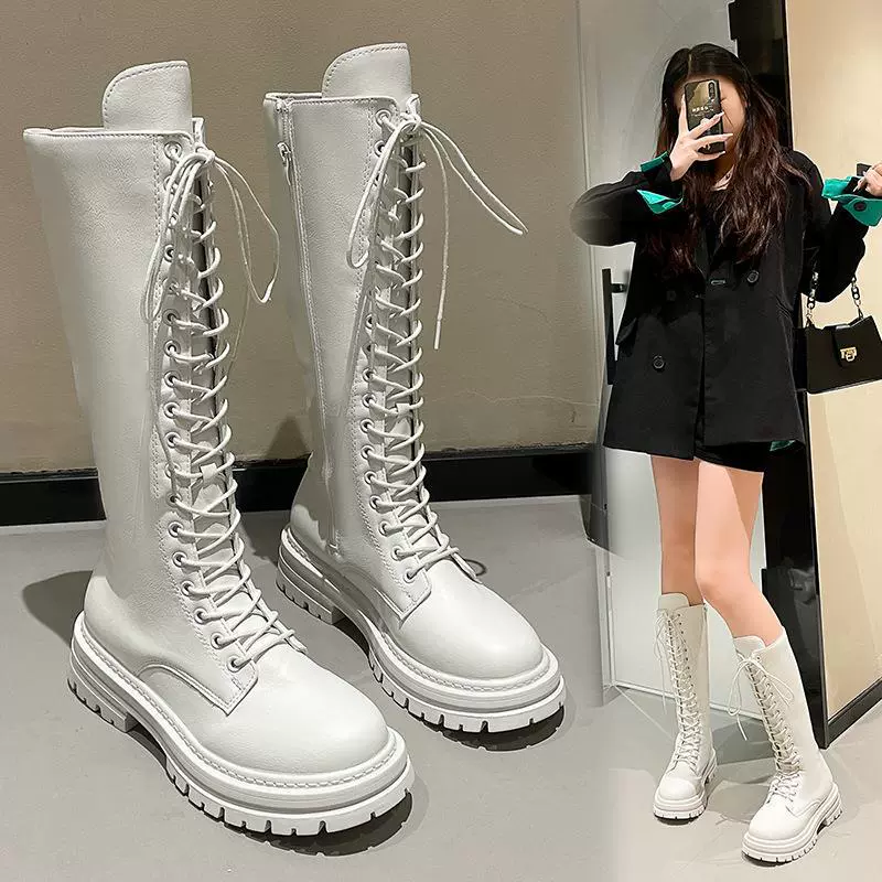 Ботинки Martin до колена, женские осенне-зимние новые сапоги на толстом каблуке в Корейском стиле на шнуровке и толстой подошве, высокие рыцарские Сапоги 43 больших размеров