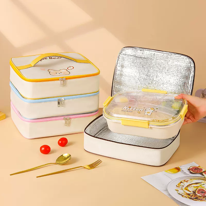 方形铝箔手拎饭兜便携上班族饭盒袋小学生扁平餐盘带饭手提便当包