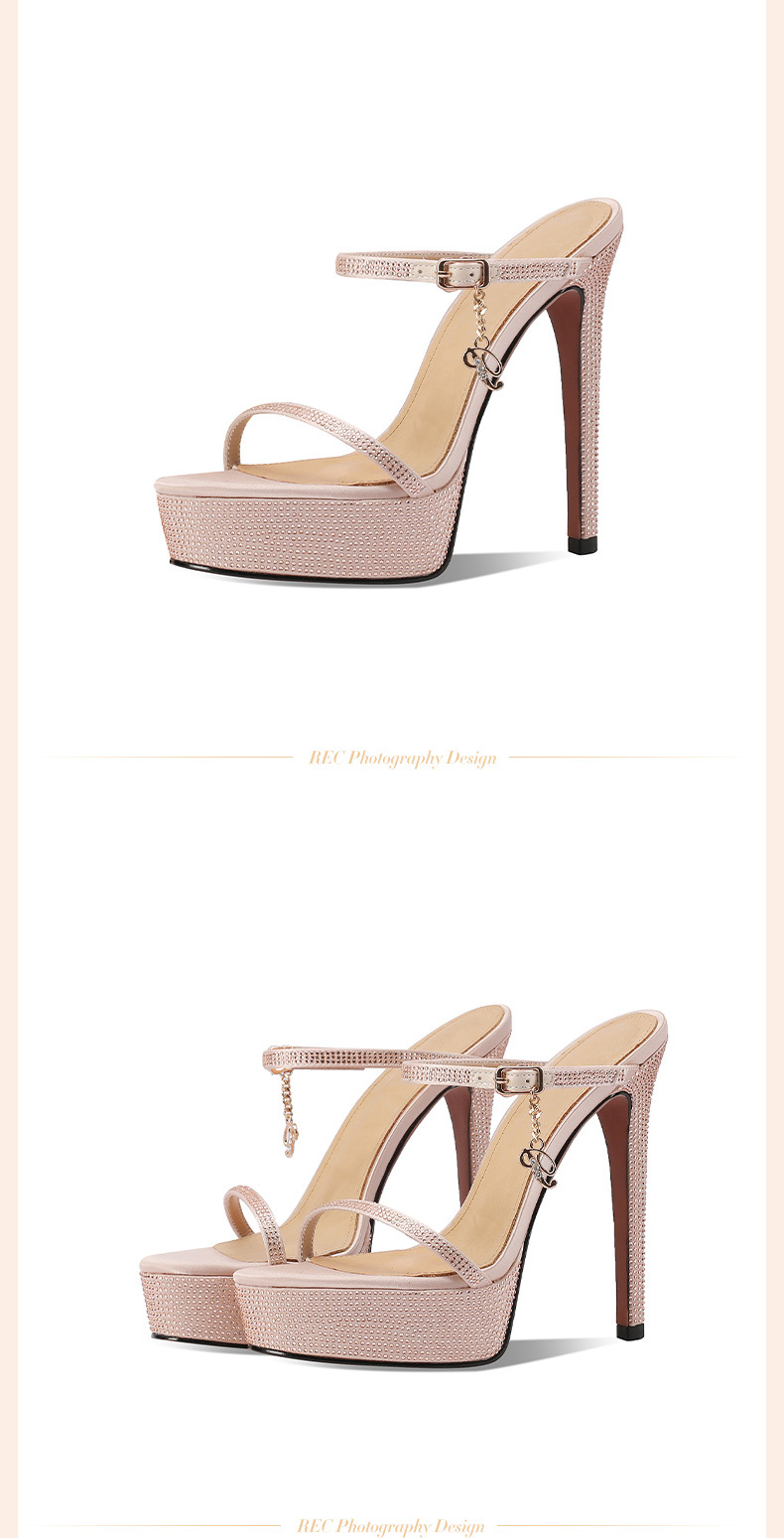 Sandal cao gót nữ hở mũi da thật đế platform đính đá gót 13 cm — Màu rượu sâm banh (13cm) chi tiết 20