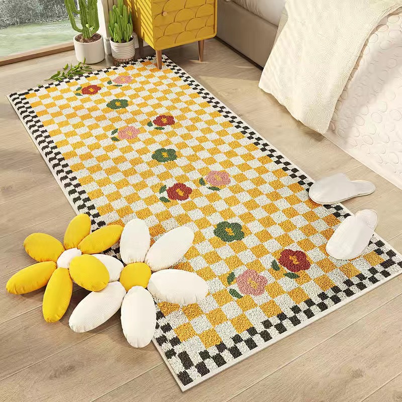 A cuadros blanco y negro de la Cachemira-como alfombra de lujo de la luz tablero de ajedrez avanzada rejilla casa mesita de noche alfombra de cama larga cola alfombra en stock