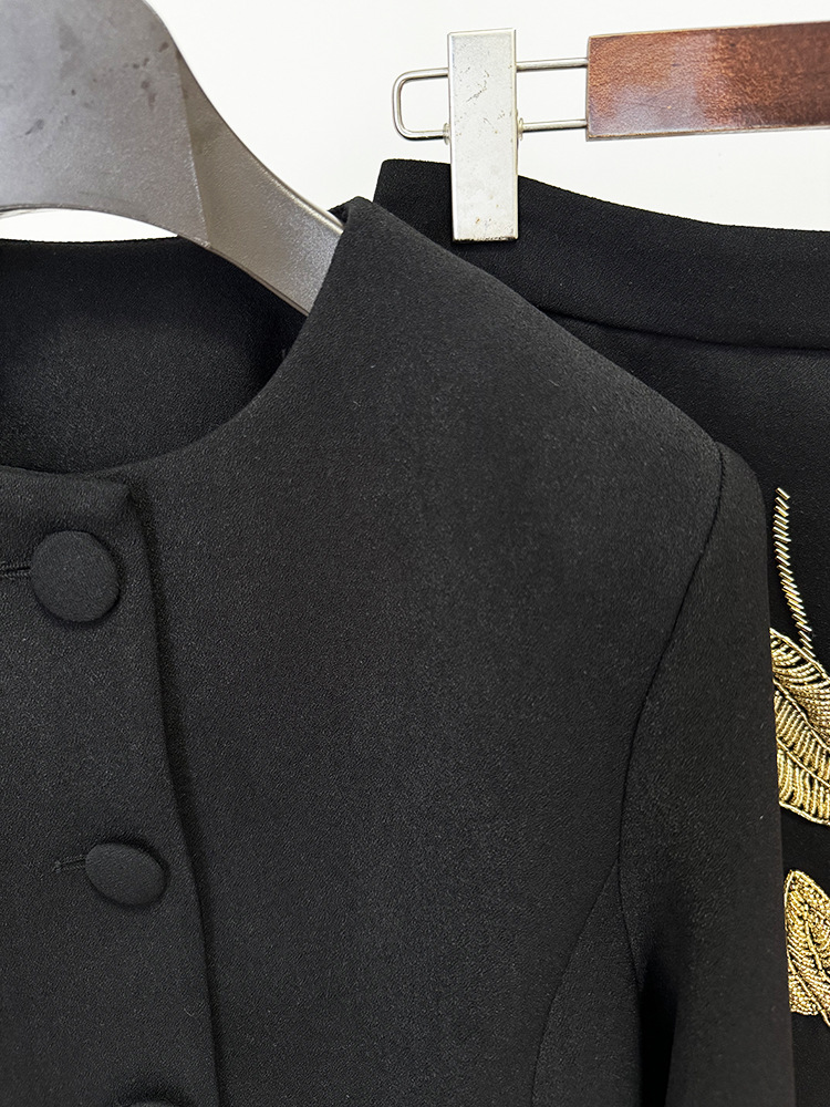 Floral Heavy Industry Beads Three Quarter Sleeve Jacket Coat Mid Length Skirt Set