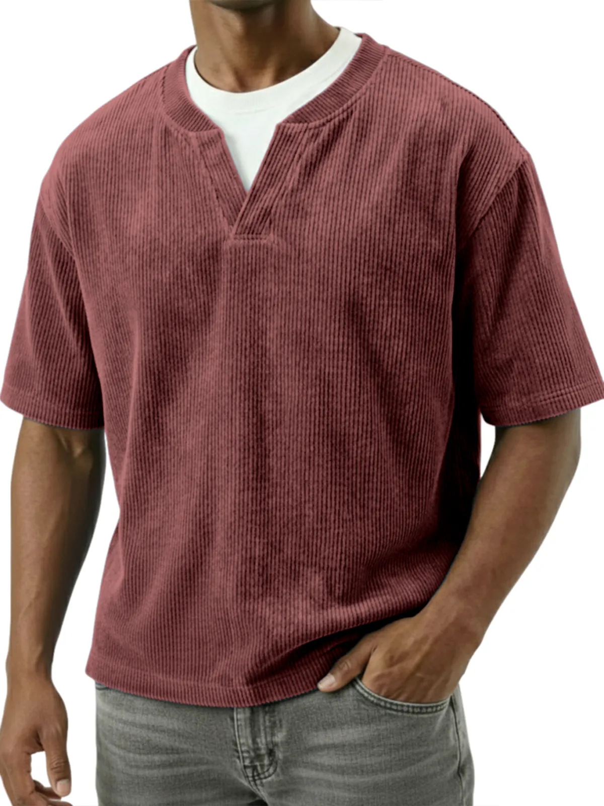 T-shirt uomo casual in velluto a coste con doppio collo_voghion.com