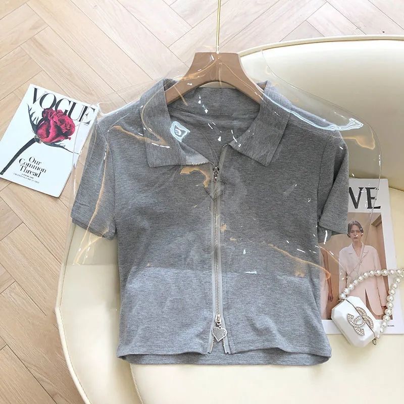 2025 Summer New Style Polo Collar Double Zipper Short-Sleeved T-Shirt for Women, Fashionable, High-End, Slimming Look Top Jacket 2025 Summer New Style Polo Collar Double Zipper Short-Sleeved T-Shirt for Women, Fashionable, High-End, Slimming Look Top Jacket