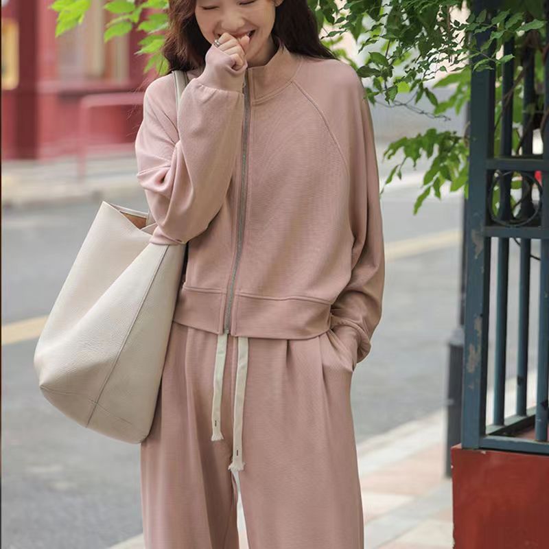 Crewneck Fabric Casual Sportswear Two-Piece Set Thin Zipper Sweatshirt Jacket Fashion High-End Pants Suit for Women