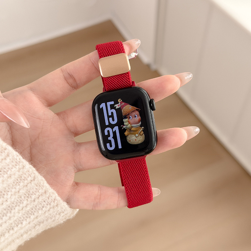 Suitable for Iwatchs11 Niche Wine Red Applewatch10 High-End Braided Magnetic Nylon Watch Strap Women's Model 9
