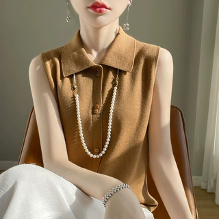 厂家批发2024新款14针精纺羊毛翻领背心女无袖针织打底衫大量现货