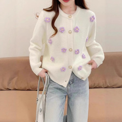 跨境仿貂绒立体花朵软糯毛衣女秋季新款甜美温柔风珍珠扣针织开衫