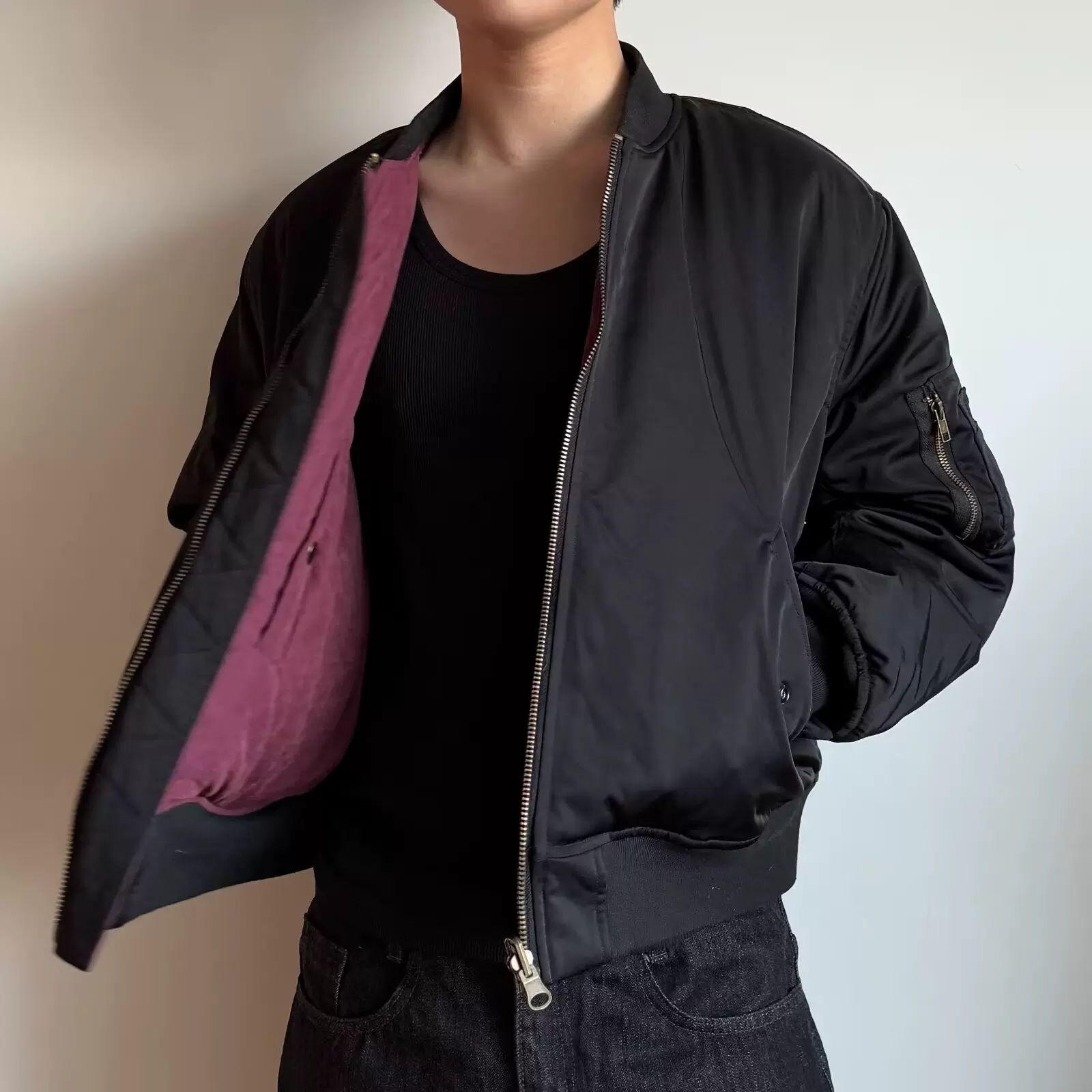 酒红丝绒bomber冬季双面穿加厚保暖夹克棉服男ma1重磅飞行员外套