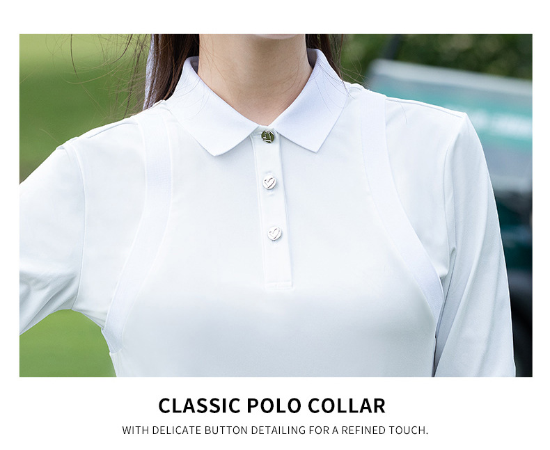 Áo polo dài tay nữ golf phối giả hai mảnh, chất vải co giãn thoáng khí — Tay áo dài màu trắng [nút tình yêu/vải co giãn/thoáng khí và thấm mồ hôi] YF834 chi tiết 4