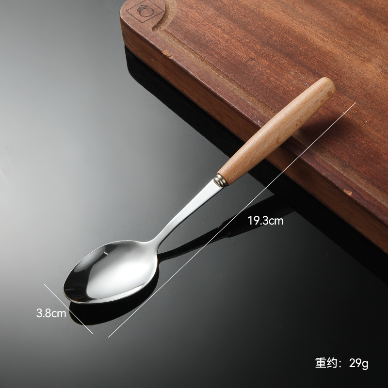 Madera de haya, alas de pollo, mango de madera, cuchillo y tenedor de acero inoxidable doméstico, cubiertos, cuchillo y tenedor de carne brillante, cuchara de carne occidental