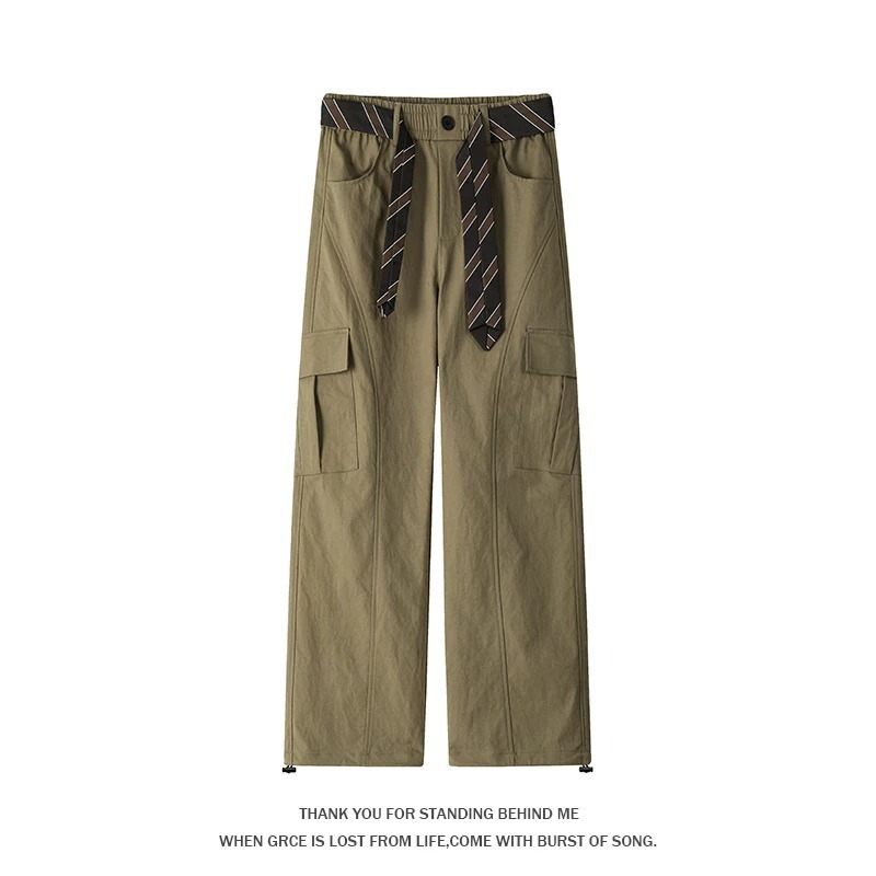American high street style, cool and casual workwear-inspired plus-size straight-leg pants for men and women, with loose-fitting belt design and multiple pockets, versatile casual pants
