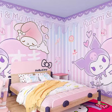 厂家直发卡通库洛米壁纸梦幻粉紫色主题店儿童房墙纸卧室女童婴儿