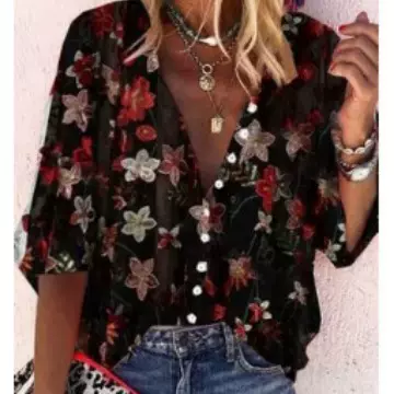 2024欧美外贸跨境亚马逊女装开衫立领印花衬衫女翻领四面弹面料