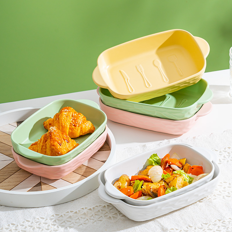 Tazón especial para freidora de aire de alta temperatura de cerámica resistente de doble oído tazón para hornear hogar bandeja para hornear fresca mano-pellizcar plato irregular