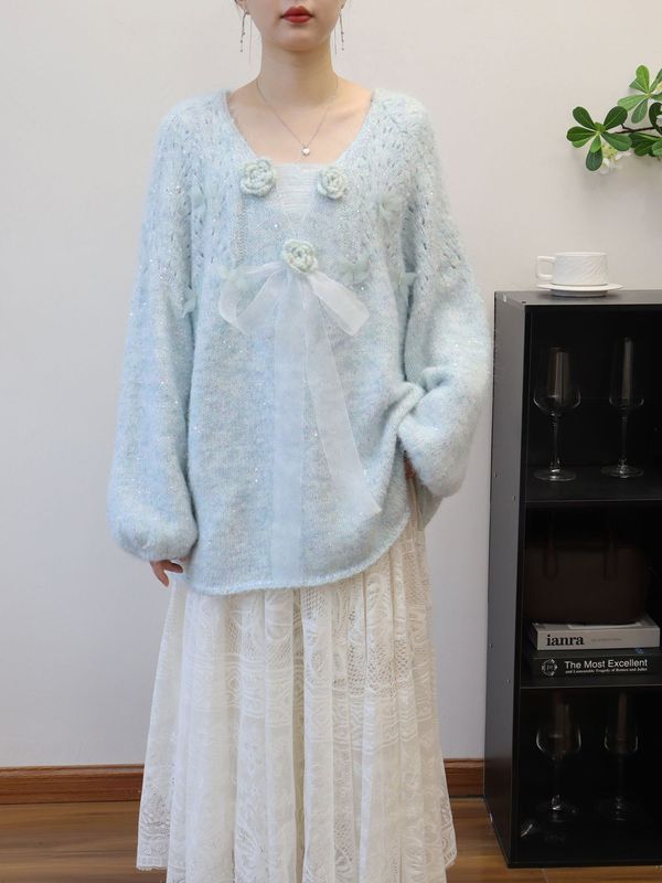 2025秋冬新款中长款立体花朵蝴蝶结甜美针织衫上衣宽松毛衣套头女|undefined