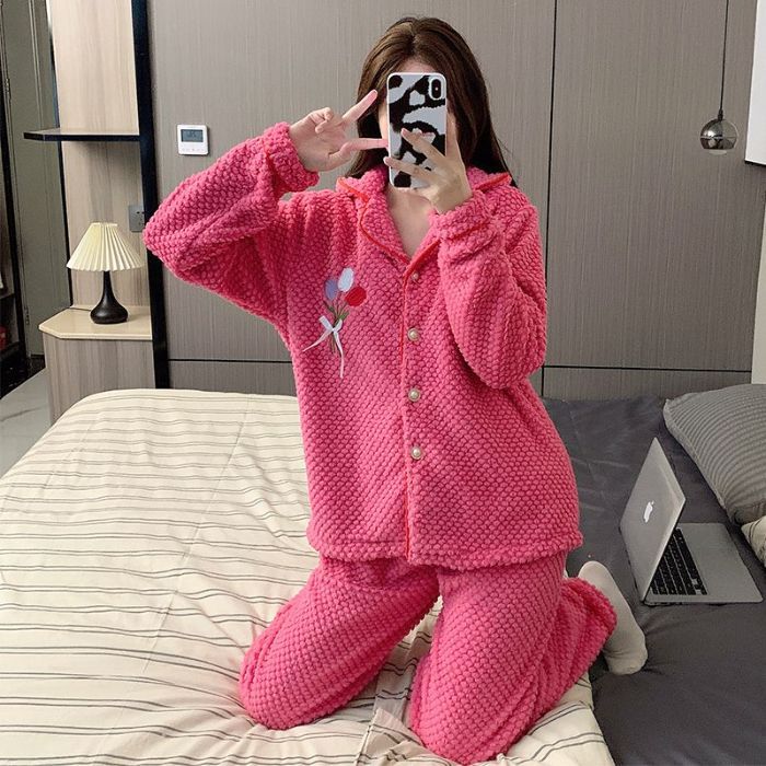 Pijamas de invierno al por mayor transfronterizos pantalones cardigans de manga larga dos piezas de franela gruesa y cálida ropa para el hogar