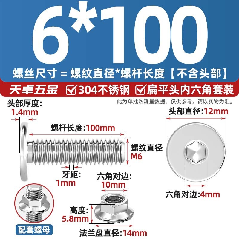 304不锈钢CM大平头超薄头C头扁平头内六角螺丝钉法兰边螺母套装M5|undefined