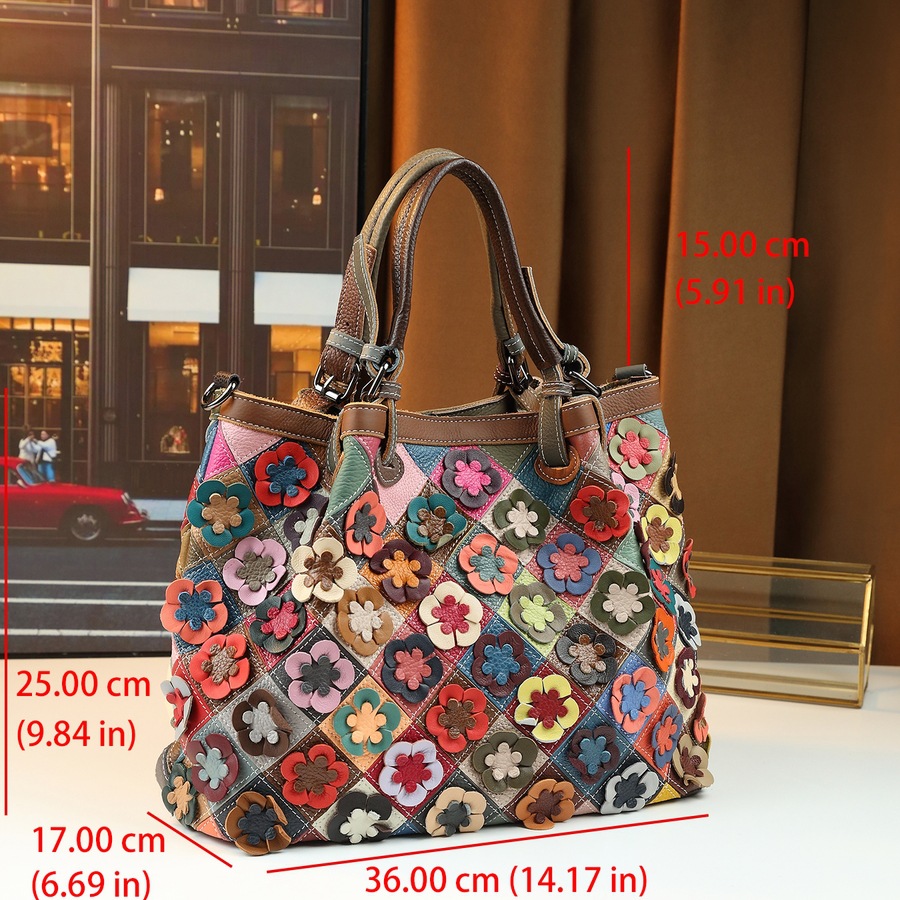 Retro Style Large Capacity Hand Woven Colorful Genuine Leather Patchwork Tote Bag Women's Casual Versatile Crossbody Bag_voghion.com