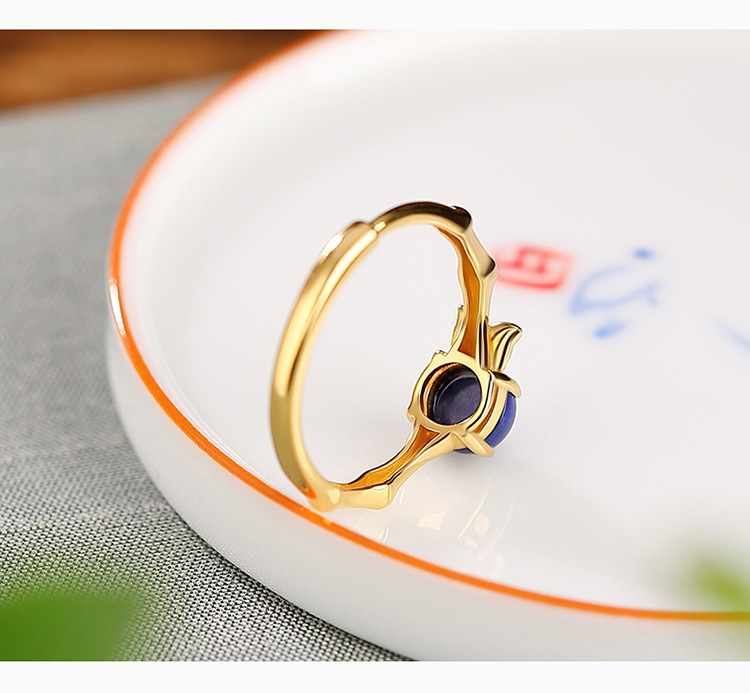 Nhẫn bạc S925 mạ vàng đính đá Lapis Lazuli hạt tròn phong cách cổ điển — Mở (một kích thước) chi tiết 3