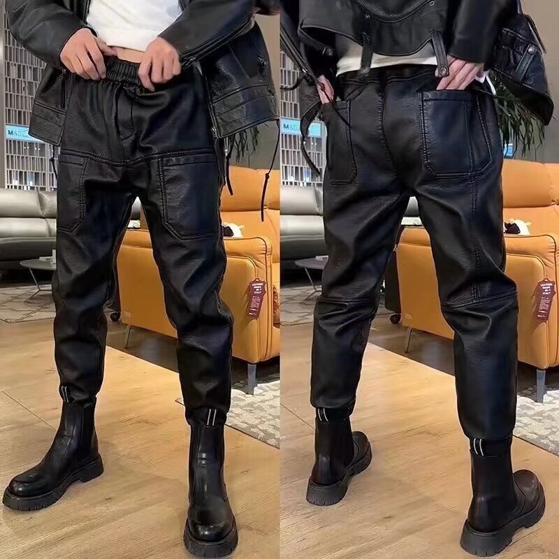 2025 autumn and winter men's warm six-pocket leather pants new take-out motorcycle knight waterproof windproof casual toe pants