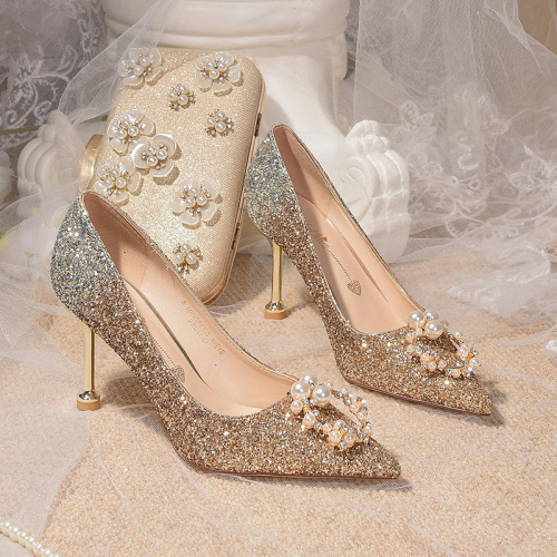 Main wedding wedding shoe women  new French champagne gold heels XiuHe bridal gowns glass slipper