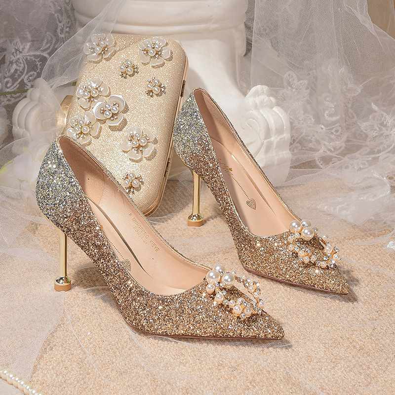 Main wedding wedding shoe women in 2022, two wear new French champagne gold heels XiuHe bridal gowns glass slipper