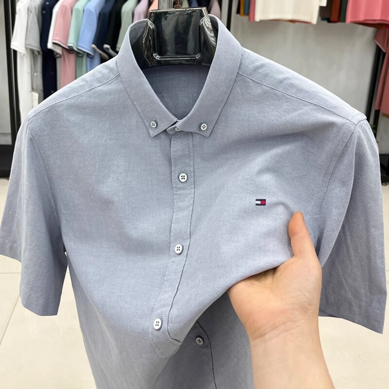 American Tommy Men's Short-sleeved Shirt Summer New Pure Cotton High-end Fashion Embroidered Base Shirt Iron-free Men's Wear