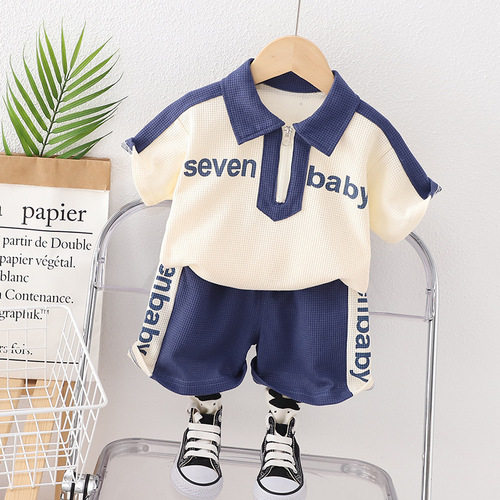 Children's new summer style boys' lapel casual long-sleeved suit baby sports shorts two-piece set trendy wholesale