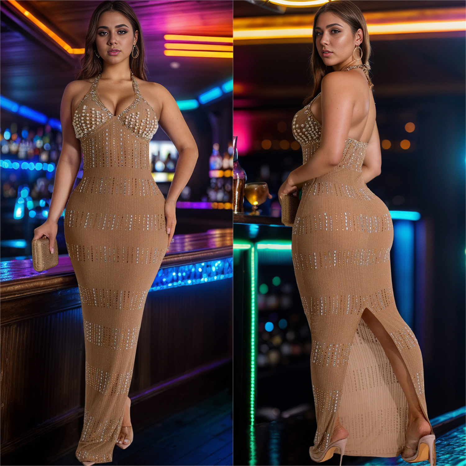 C7075 Aliexpress transfronterizo Amazon estación independiente de moda europea y americana ropa de mujer de encaje caliente profundo vestido sin mangas en V image 5