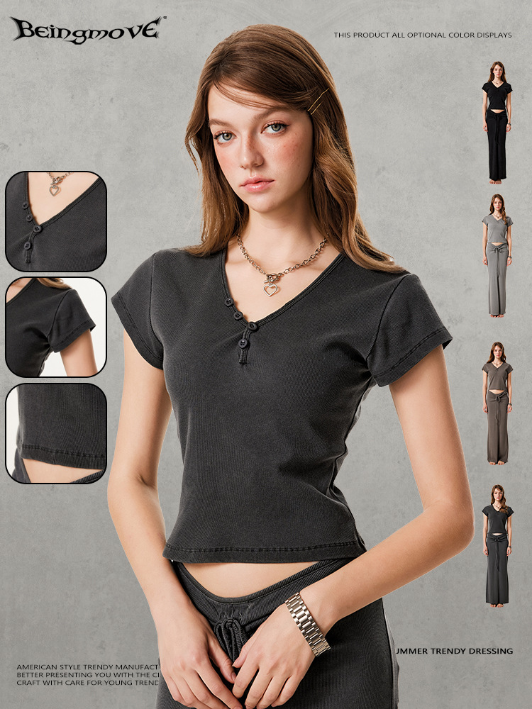 2025 verano Europa, América, Amazon, venta caliente, ropa de yoga con cuello en v transfronteriza, Maillard, camiseta de manga corta con hombros delgados para mujer image 3