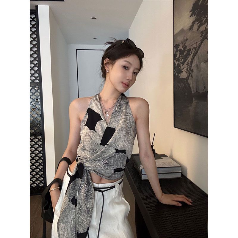 设计感复古印花交叉v领挂脖吊带背心女夏季绑带修身气质外穿上衣|undefined