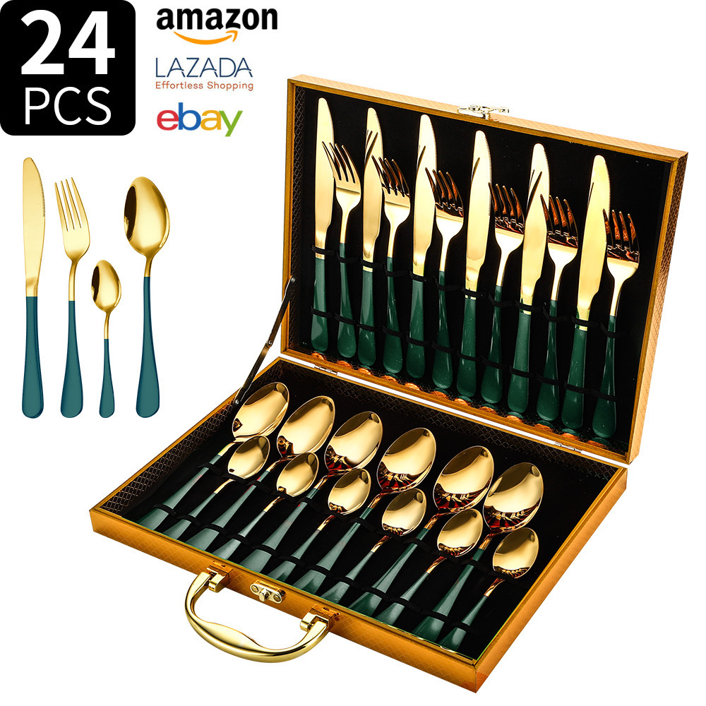 Fuente transfronteriza Amazon 1010 cubiertos de acero inoxidable cuchillo de comida occidental tenedor cuchara 24 piezas caja de regalo cuchara hotel