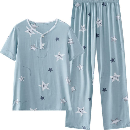 Teenager Cotton Silk Pajamas Men's Junior High School Long Sleeve Suit Loose Cotton Silk Air Conditioning Suit Summer Thin Medium and Large Children