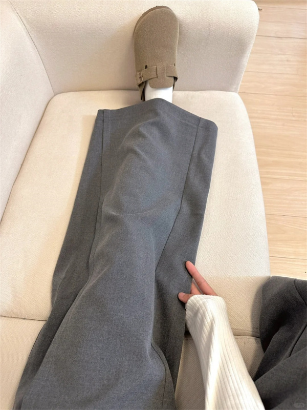 大码胖mm灰色窄版西装裤女春秋2025新款高级感垂感直筒拖地阔腿裤|undefined
