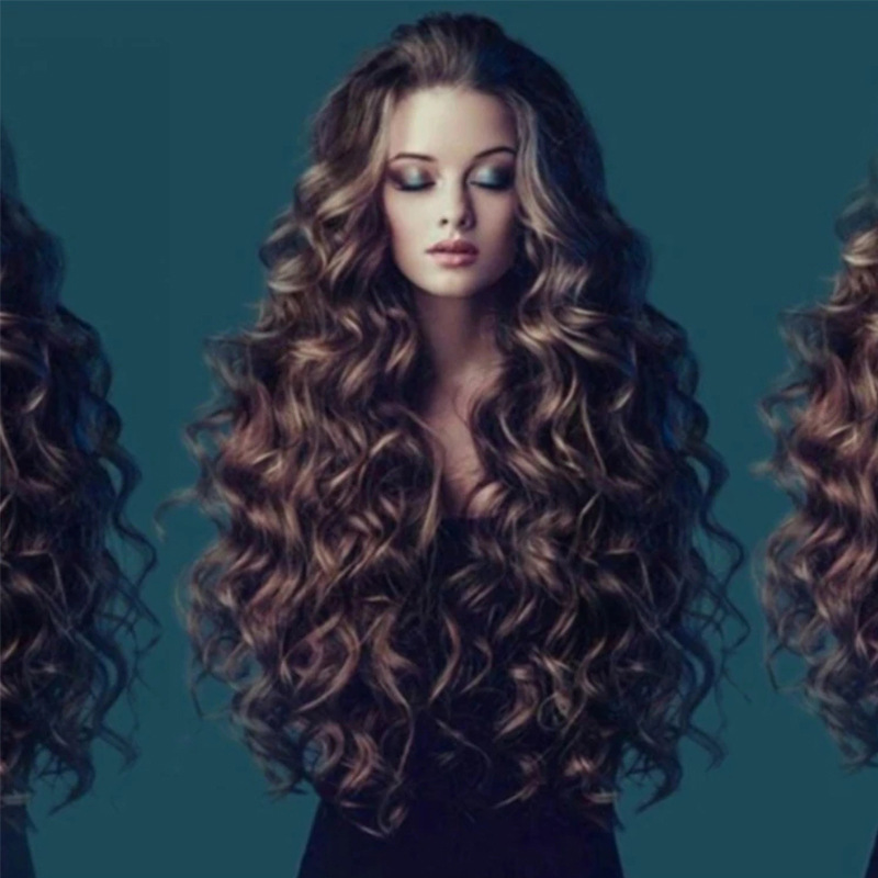 European and American women's wig Brown long curly hair fluffy big wave curly chemical fiber hair sleeve foreign trade cross-border curly wig head sleeve